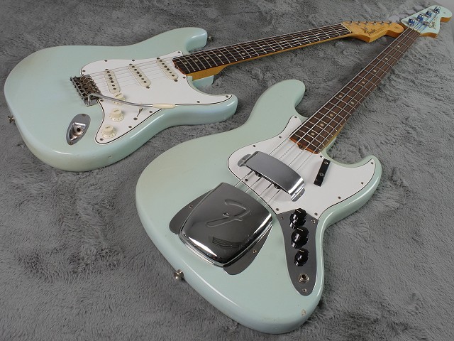 Two pristine, RARE one-owner Transitional Year Gems: A 1965 Jazz Bass & 1965 Stratocaster Last of the True Blue Fenders from that pivotal year…